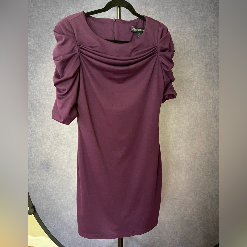 Vintage purple dress with ruched sleeves.